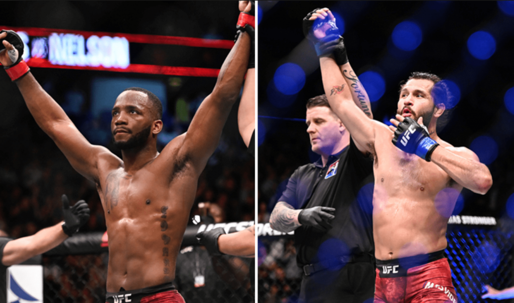 UFC Leon Edwards and Jorge Masvidal getting their hands raised inside the UFC Octagon